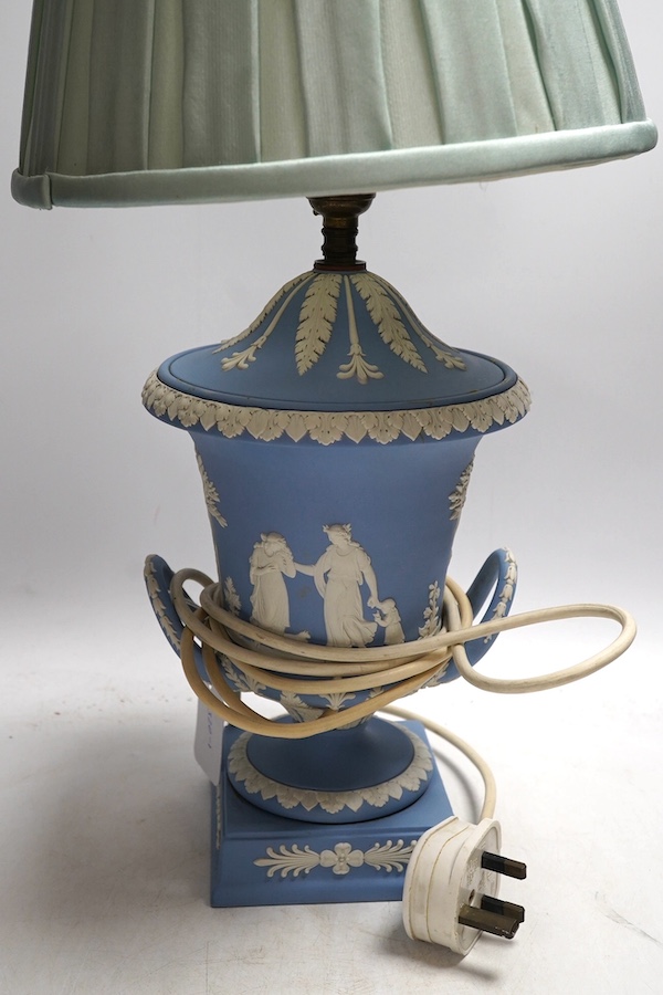 A blue Wedgwood jasperware table lamp, 28cm high. Condition - good